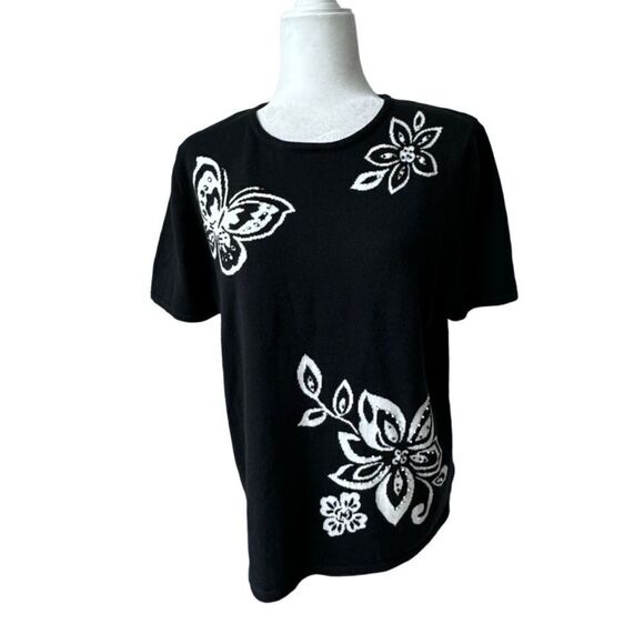 Alfred Dunner Black Top Butterfly Floral Beaded Short Sleeve Shirt SZ S - Picture 10 of 10
